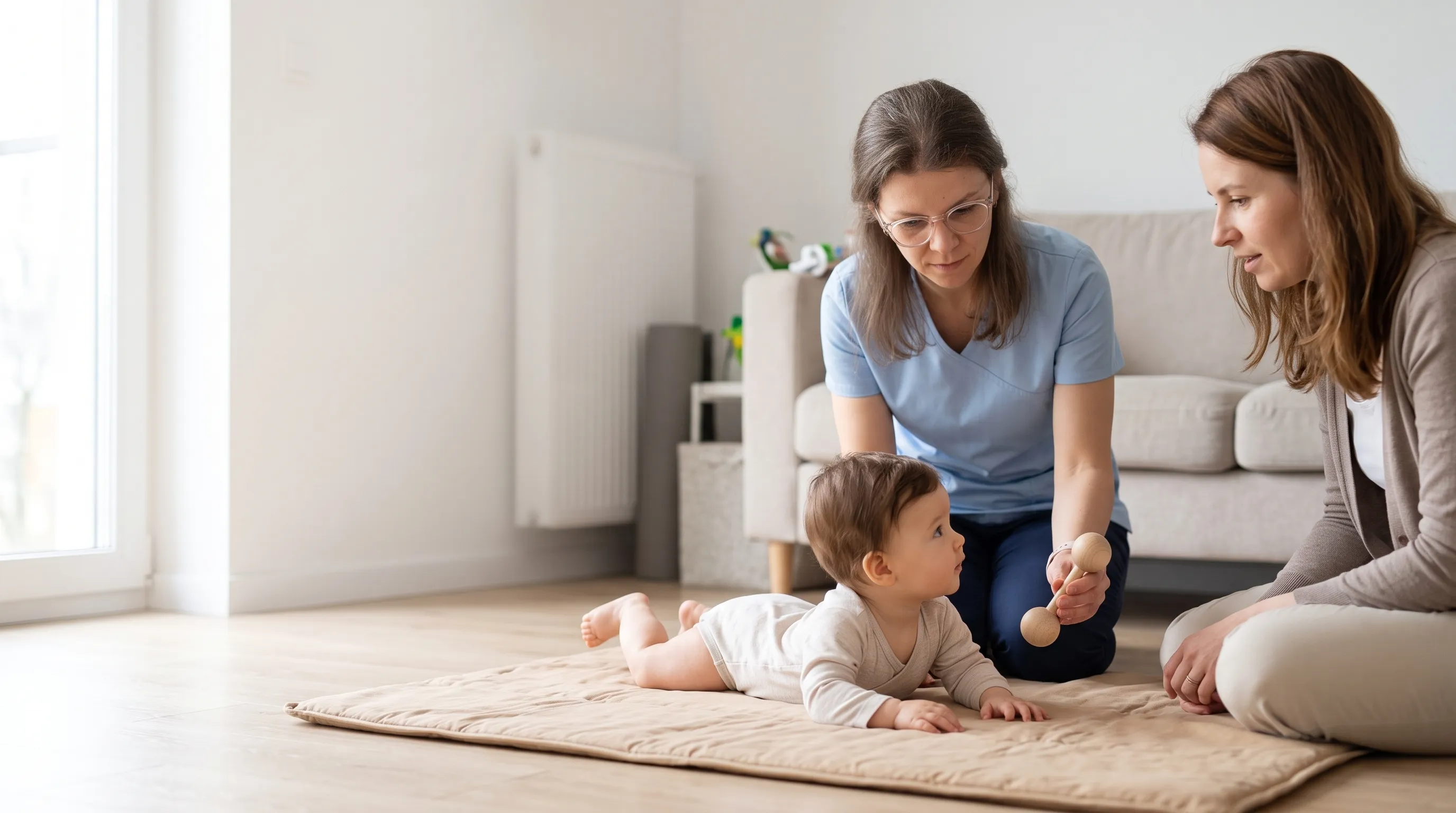 Aleksandra Magiera podczas wizyty domowej z mamą i niemowlęciem na macie